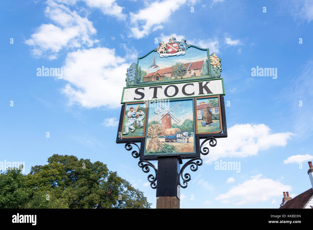 Il villaggio di Stock segno, High Street, Stock, Essex, Inghilterra, Regno Unito Foto Stock