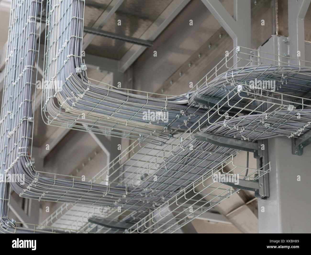 I cavi elettrici e molti cavi per il collegamento di una rete di computer a un moderno stabilimento Foto Stock