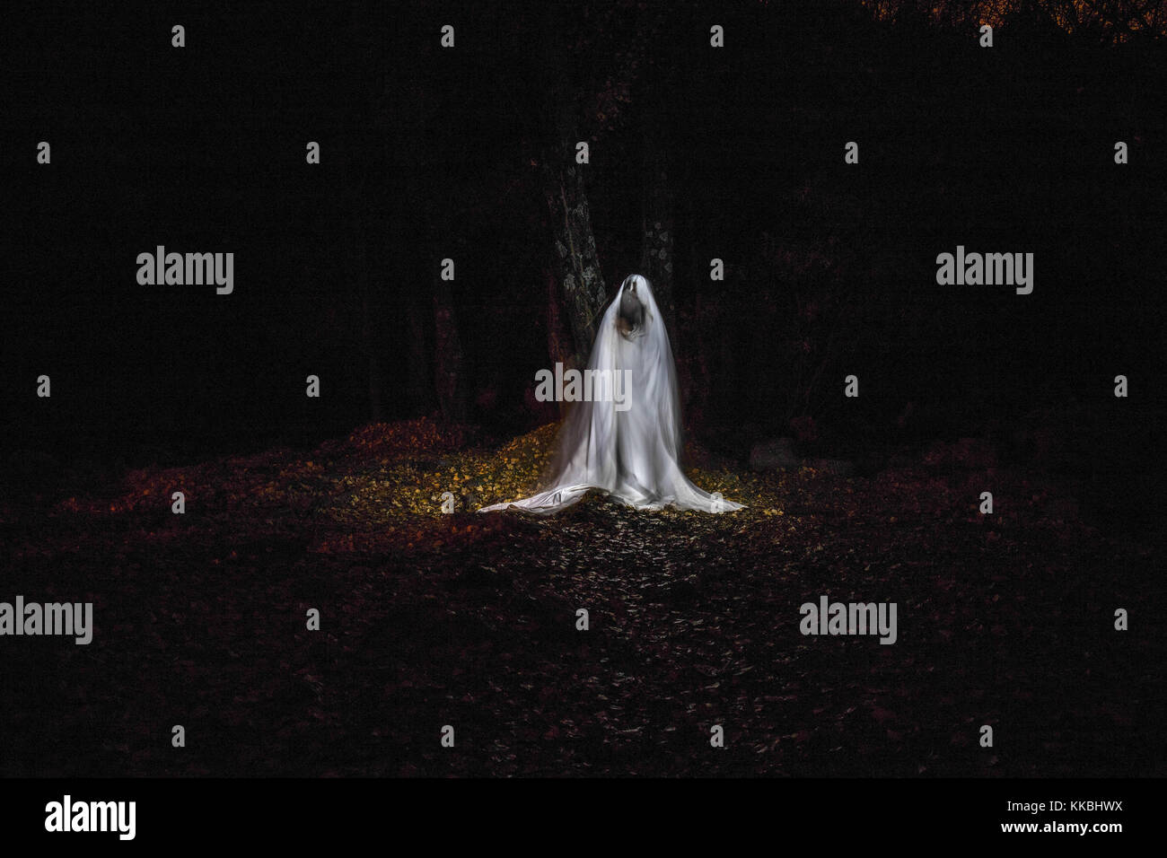 Foto di un fantasma in mezzo alla foresta con il buio totale e realizzate utilizzando la tecnica di lightpainting Foto Stock