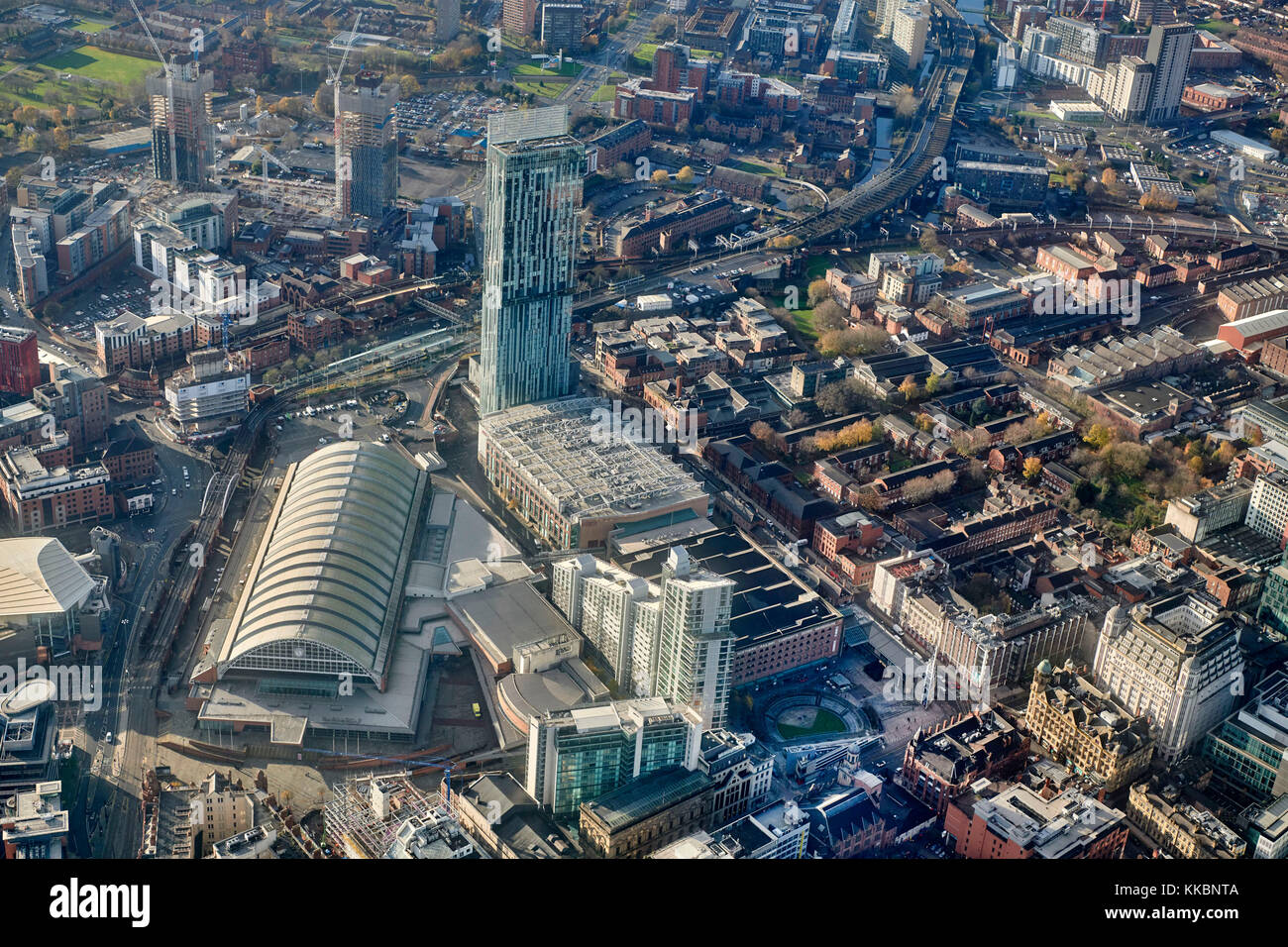 Una vista aerea della torre Gmex e Beetham, centro di Manchester, Inghilterra nord-occidentale, Regno Unito Foto Stock