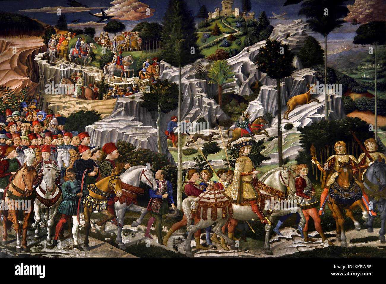 Cappella dei Magi di Benozzo Gozzoli ''Viaggio dei Magi", Palazzo Medici  Riccardi (il palazzo fu disegnato da Michelozzo di Bartolomeo ) per volere  di Cosimo de' Medici, 1444- 1484. Firenze Italia Foto stock - Alamy