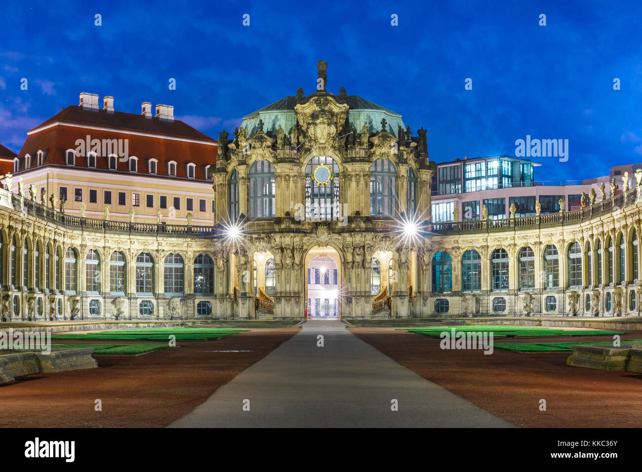 Zwinger di notte a Dresda, Germania Foto Stock