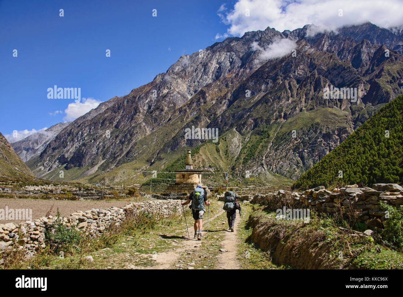 Trekking vicino al confine del Tibet nella remota valle Tsum, Nepal Foto Stock