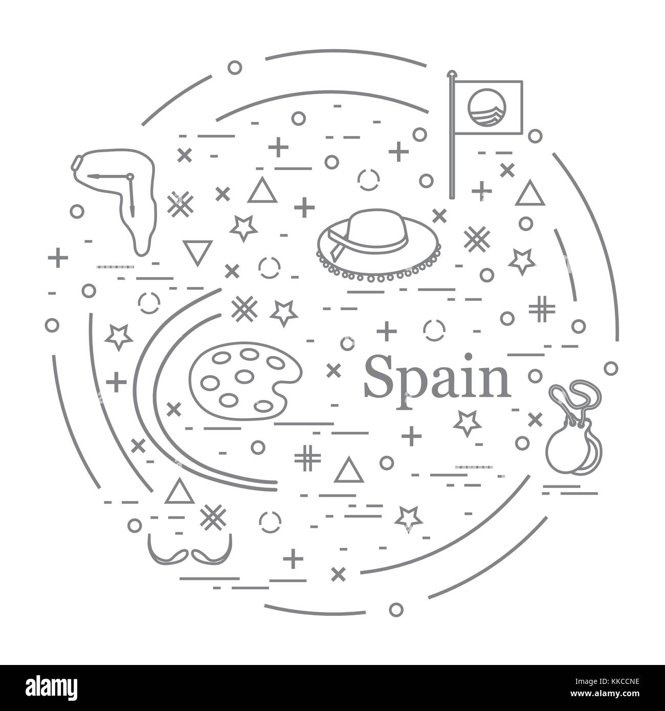 Illustrazione vettoriale con vari simboli di Spagna disposti in un cerchio. viaggi e tempo libero. design per banner, poster o di stampa. Illustrazione Vettoriale
