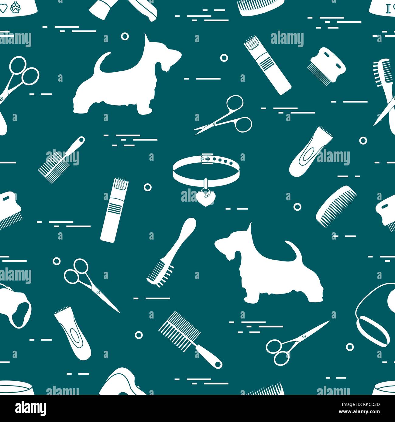Modello con il cane, pettini, collare, guinzaglio, rasoio, asciugacapelli, ciotola, forbici. health care, toelettatura, prendersi cura di un cane, mostra. Illustrazione Vettoriale