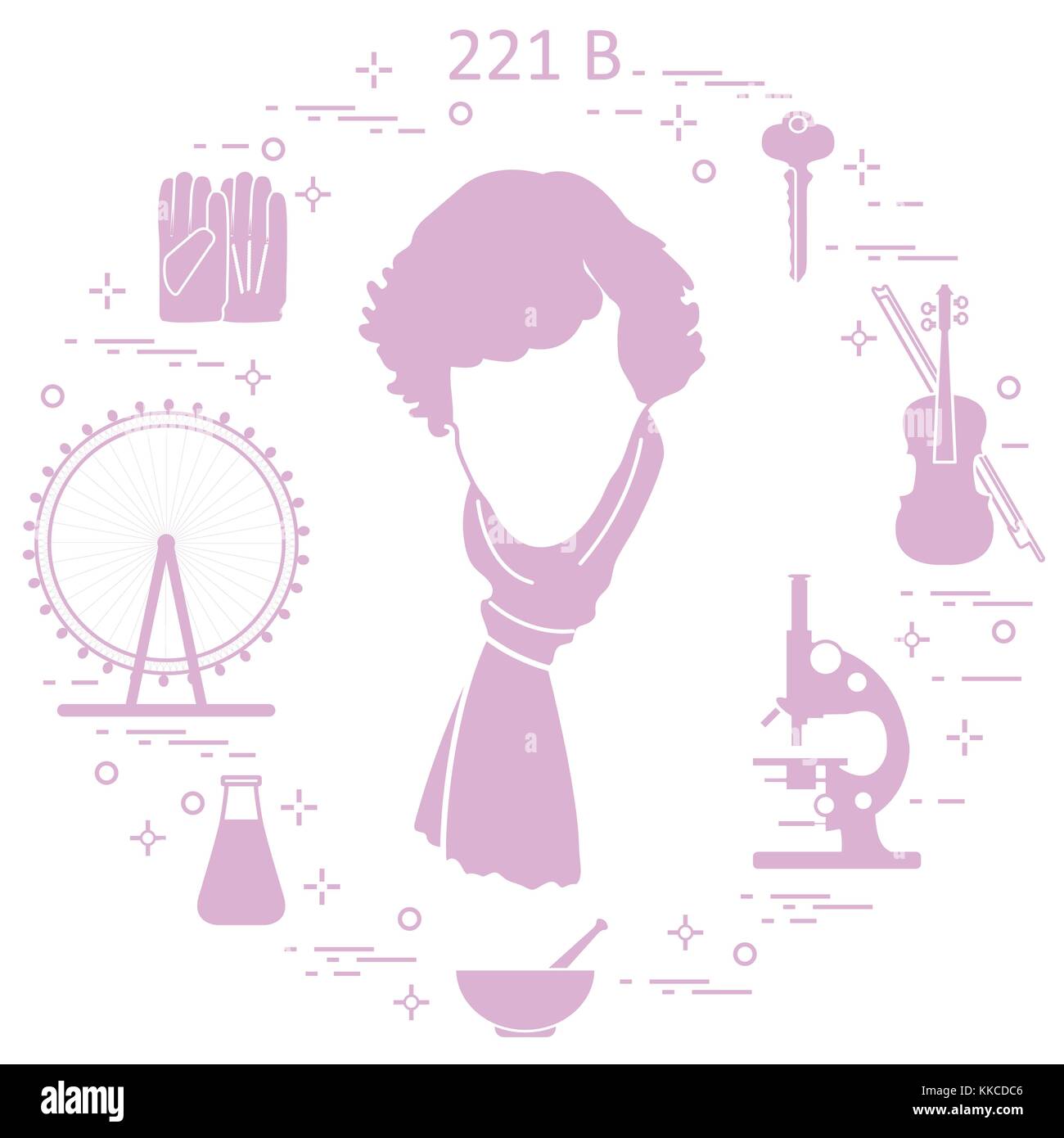 Detective privato Sherlock Holmes con una varietà di strumenti e attrezzature. l'eroe della popolare serie tv. design per un annuncio stampa. Illustrazione Vettoriale