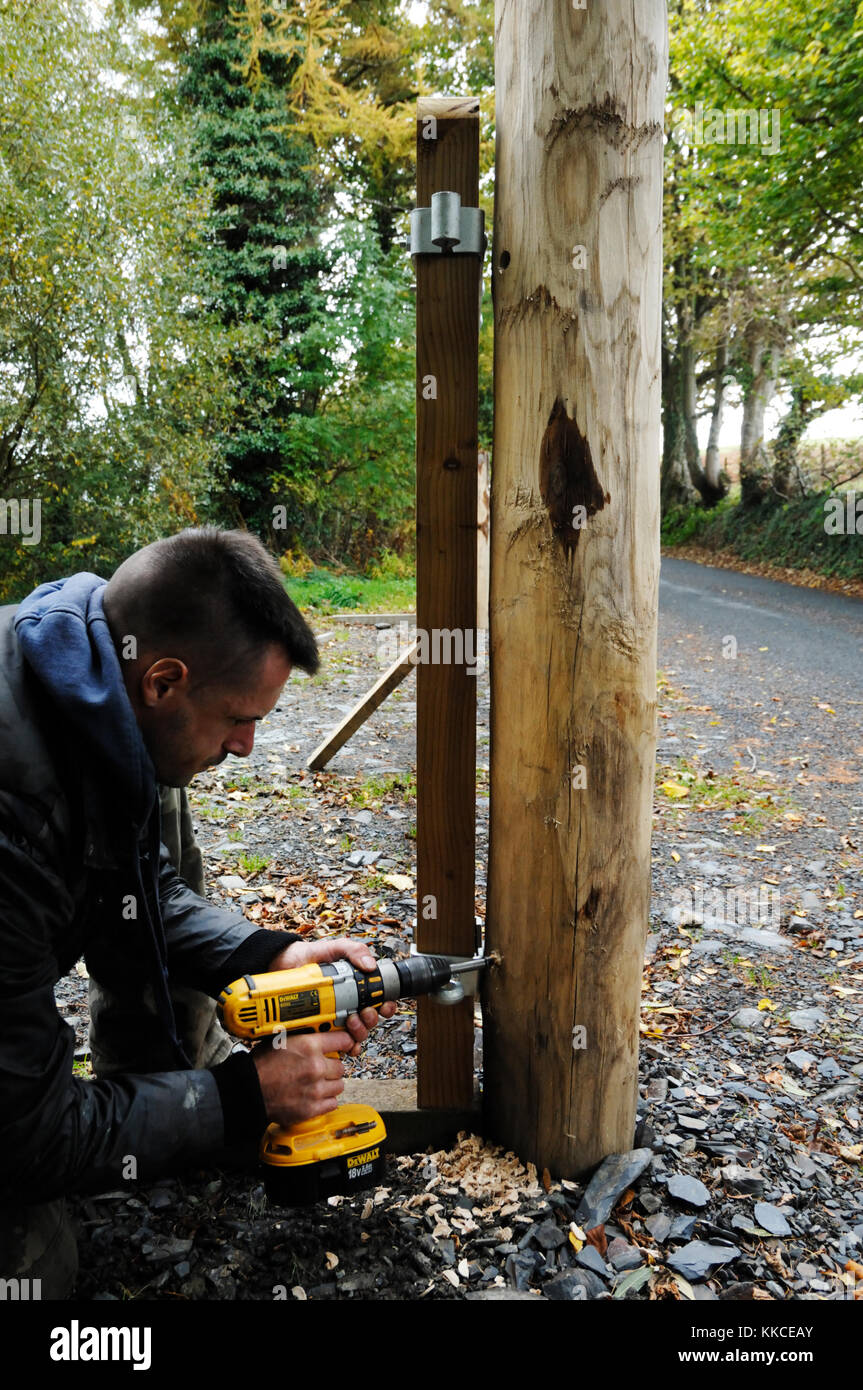 Uomo di trapanare i fori per le cerniere di gate in un post di legname, con un cordless trapano elettrico, Galles Foto Stock