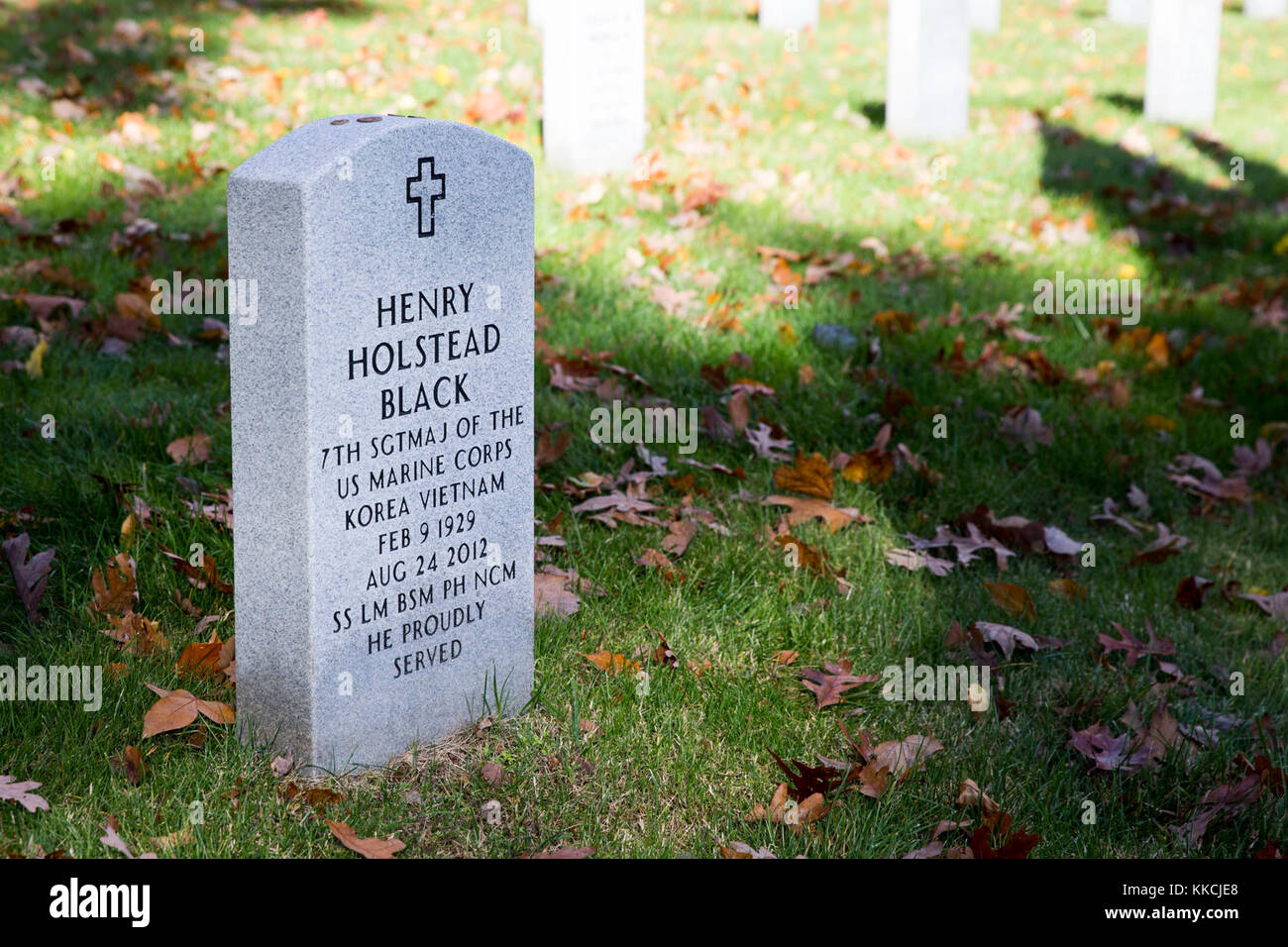 Una lapide segna il luogo di riposo di Sgt. Il Mag. Henry il nero, 7 sergente maggiore del Corpo dei Marines a Quantico Cimitero Nazionale, Triangolo, Virginia, nov. 10, 2017. Una corona di cerimonia di posa si tiene ogni anno il Marine Corps compleanno per onorare la memoria e il servizio di Sgt. Il Mag. Nero. (U.S. Marine Corps foto di Cpl. Robert Gonzales) Foto Stock