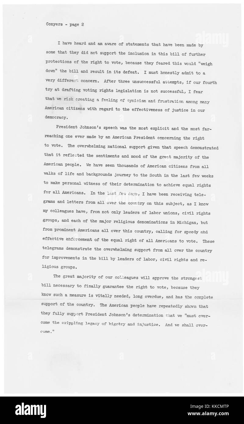 In questa dichiarazione circa i diritti di voto di agire, John Conyers afferma che il congresso deve proteggere i diritti di voto prima gli americani perdono la fede nella giustizia del governo americano. Immagine cortesia archivi nazionali. 1965. Foto Stock