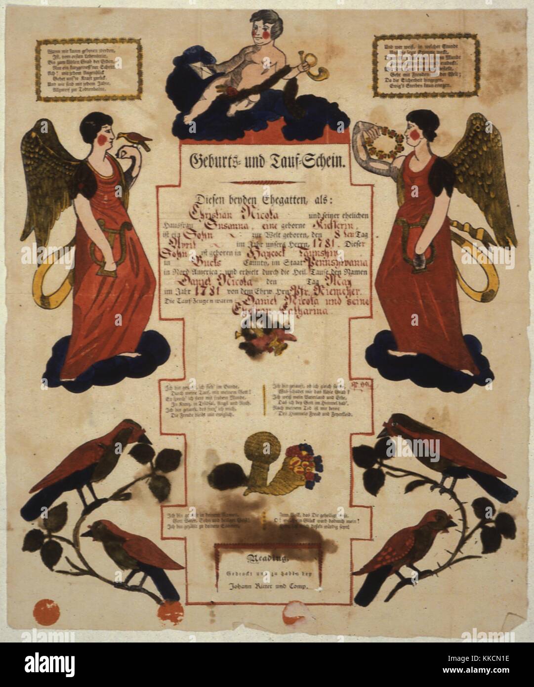 Illustrato fraktur, un tipo di folk illuminato arte creata dalla Pennsylvania olandese (Pennsylvania tedesco) per registrare storie di famiglia, 1850. Foto Stock