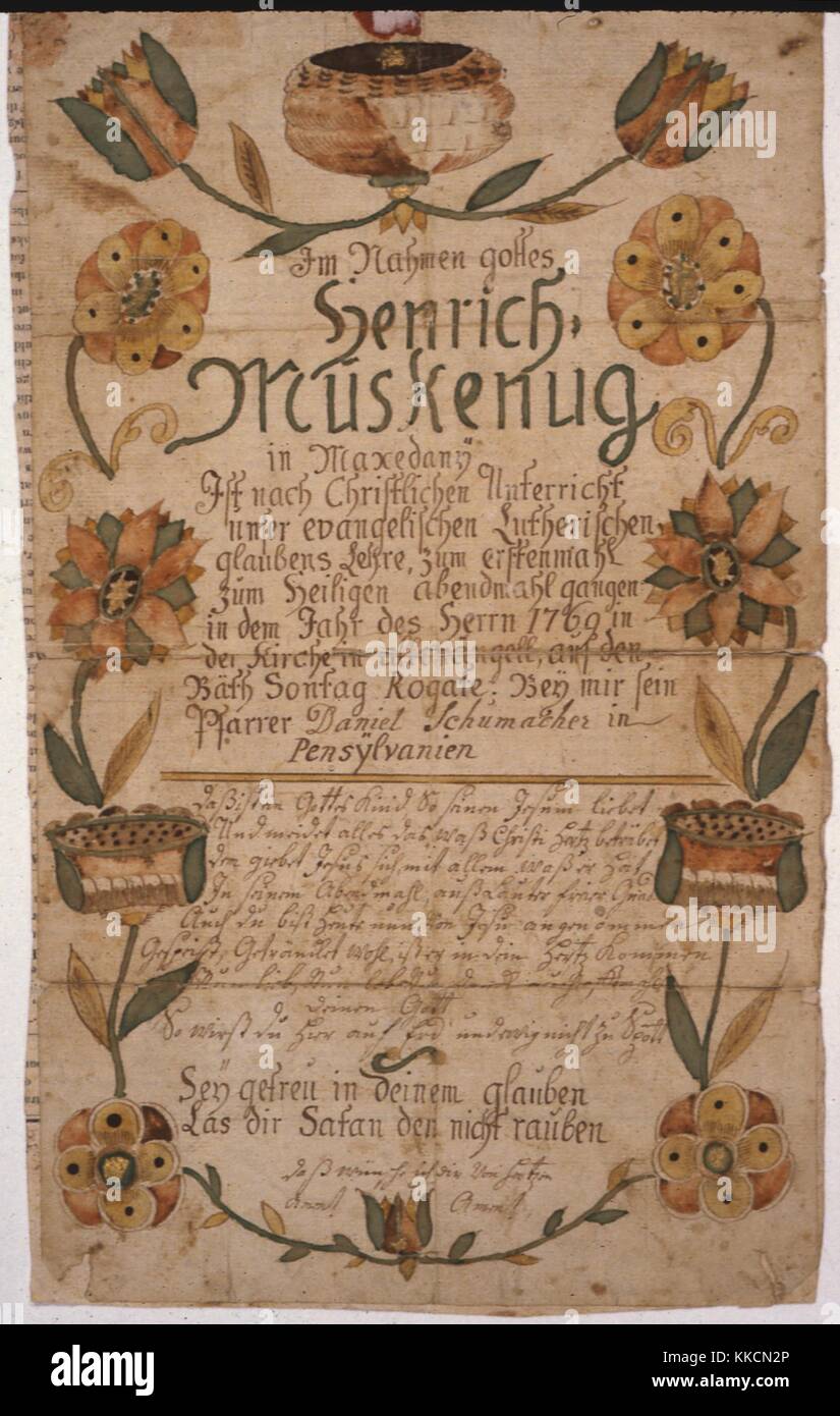 Illustrato fraktur, un tipo di folk illuminato arte creata dalla Pennsylvania olandese (Pennsylvania tedesco) per registrare storie di famiglia, 1850. Foto Stock
