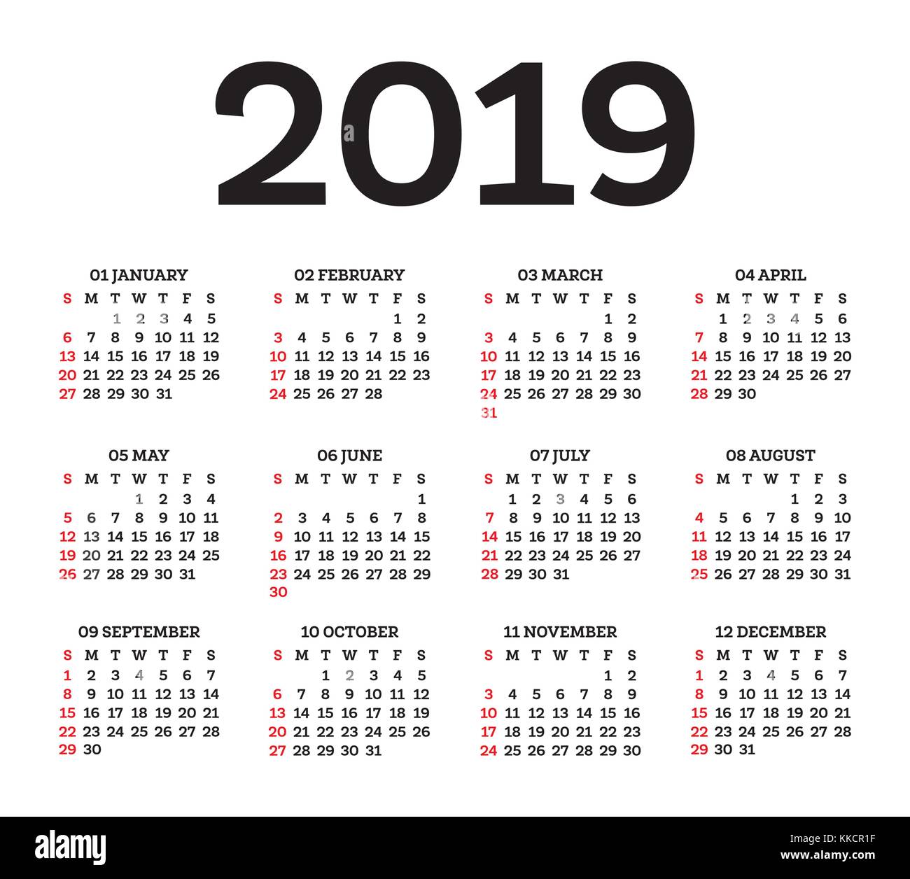 Calendario 2019 isolati su sfondo bianco. inizio settimana da domenica. illustrazione vettoriale. Illustrazione Vettoriale