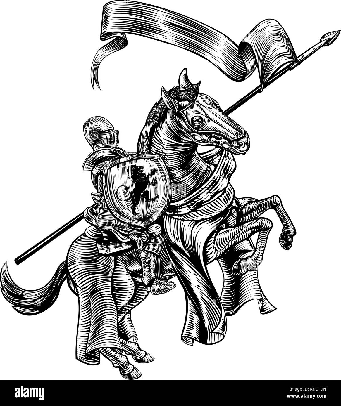 Cavaliere medievale in stile Horse Vintage Woodcut Illustrazione Vettoriale