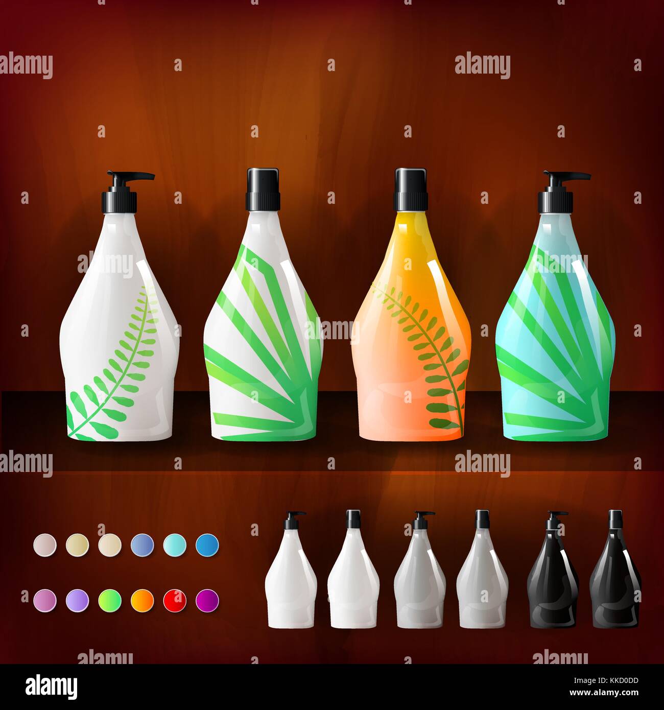 Mockup modello per il branding e la progettazione del prodotto isolato realistico di bottiglie di plastica con erogatore spray e design geometrico unico. Illustrazione Vettoriale