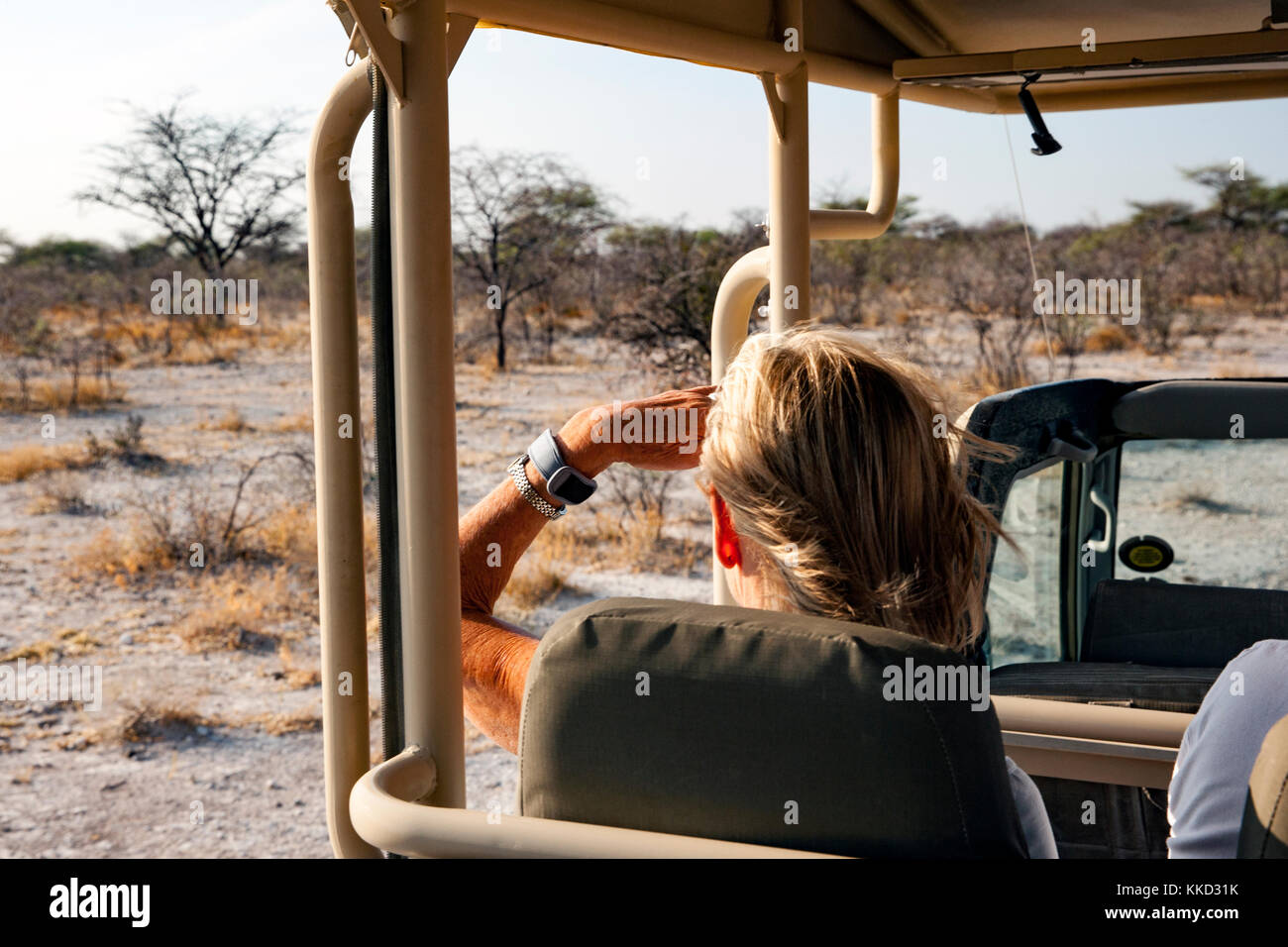 Donna su game drive in onguma Game Reserve, Namibia, Africa Foto Stock