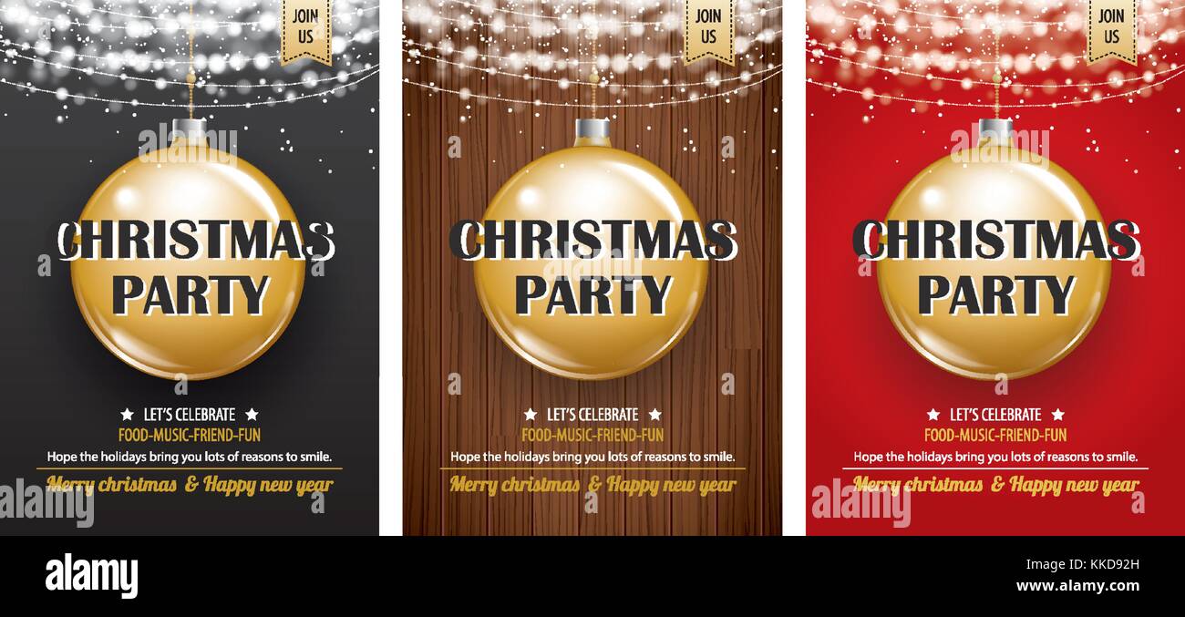 Invito Merry Christmas party poster banner e il design della scheda Modello. vacanza felice nuovo anno e sfera di oro come tema. Illustrazione Vettoriale