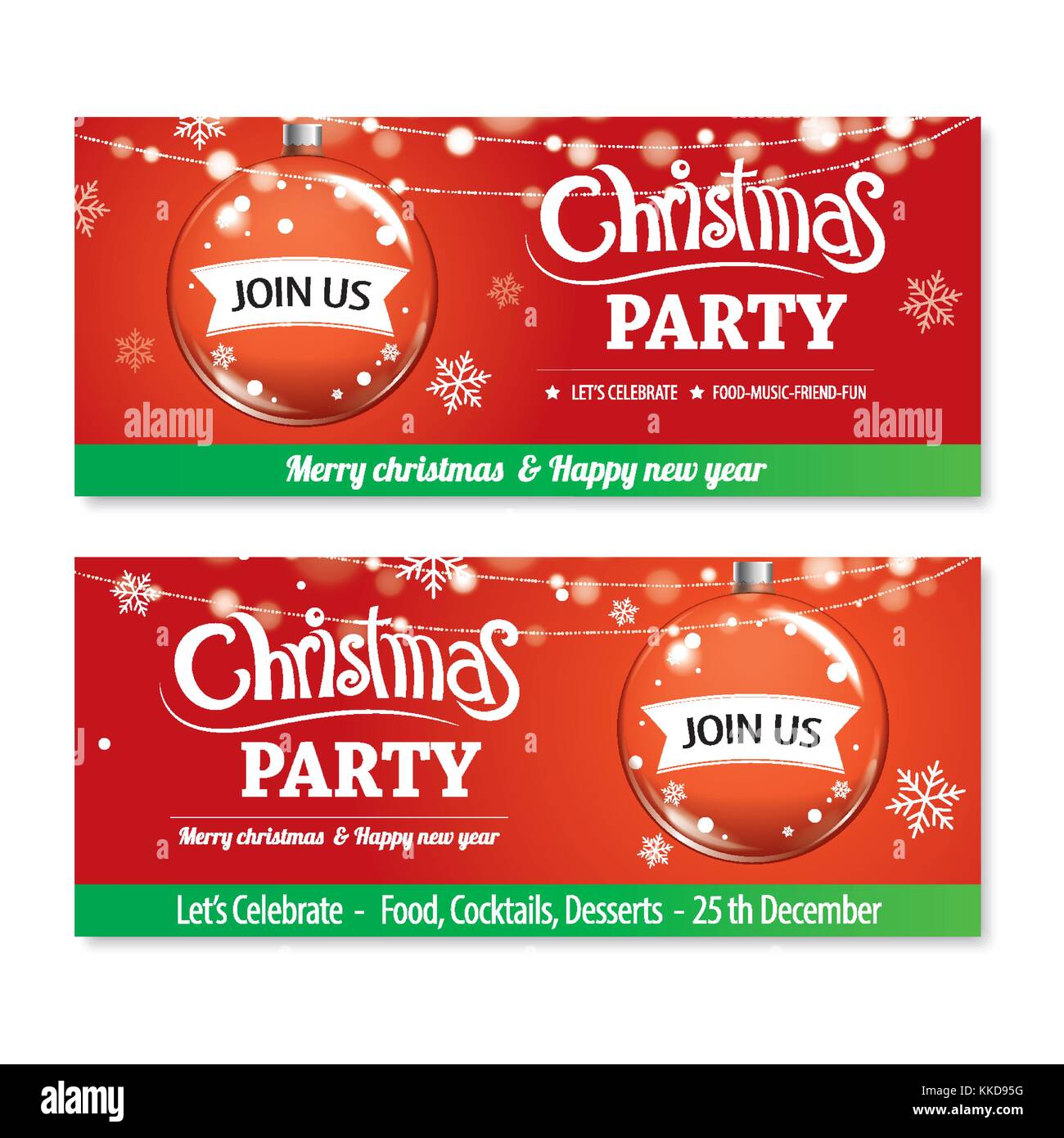 Invito Merry Christmas party poster banner e il design della scheda Modello. happy holiday e il nuovo anno con la sfera come tema. Illustrazione Vettoriale