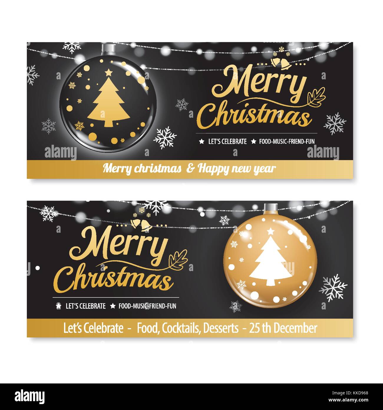 Invito Merry Christmas party poster banner e il design della scheda Modello. happy holiday e il nuovo anno con nero e oro sfera come tema. Illustrazione Vettoriale