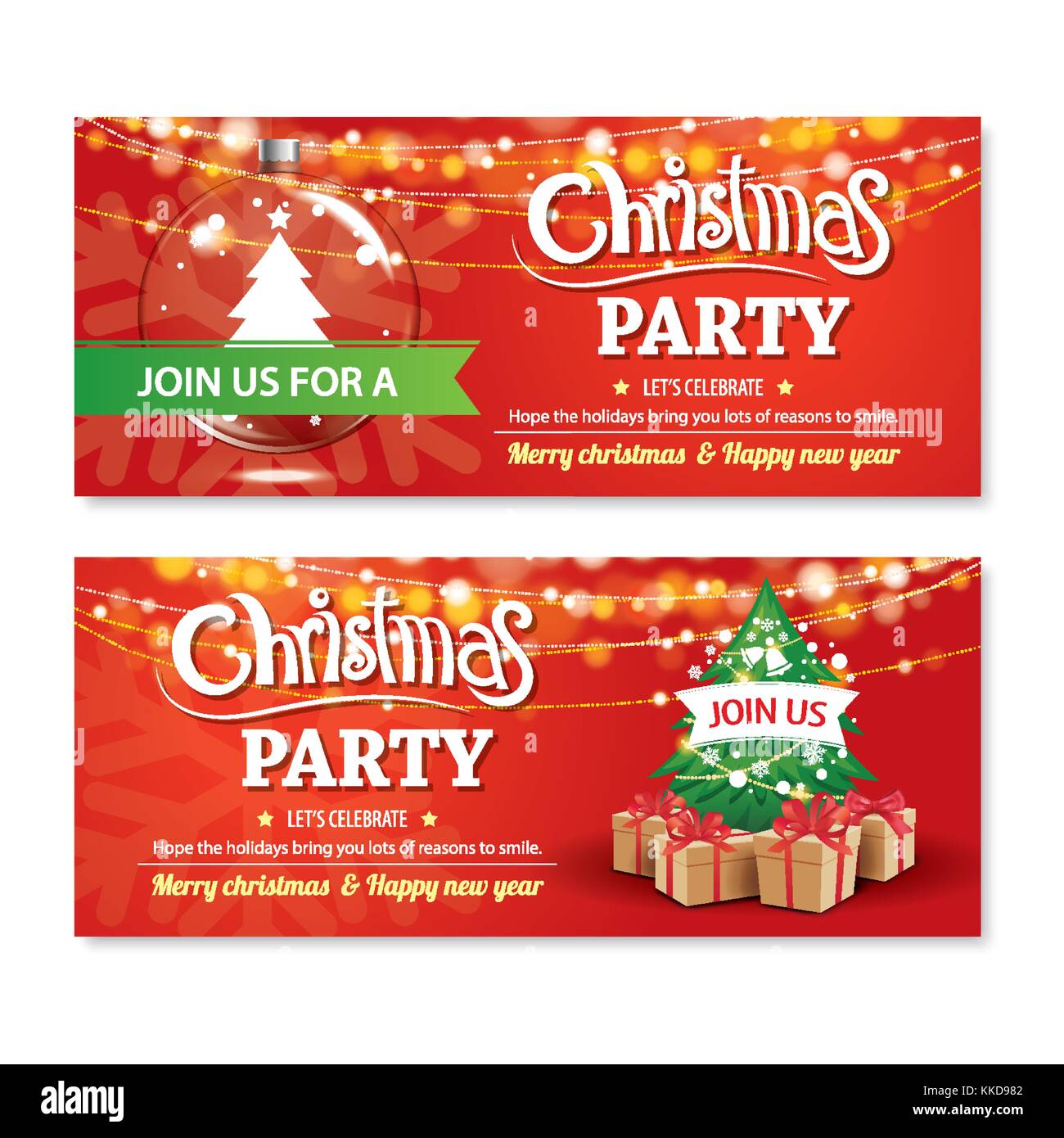 Invito Merry Christmas party banner poster e la scheda Modello di disegno su sfondo rosso. happy holiday e il nuovo anno con struttura ad albero e confezione regalo con tema Illustrazione Vettoriale
