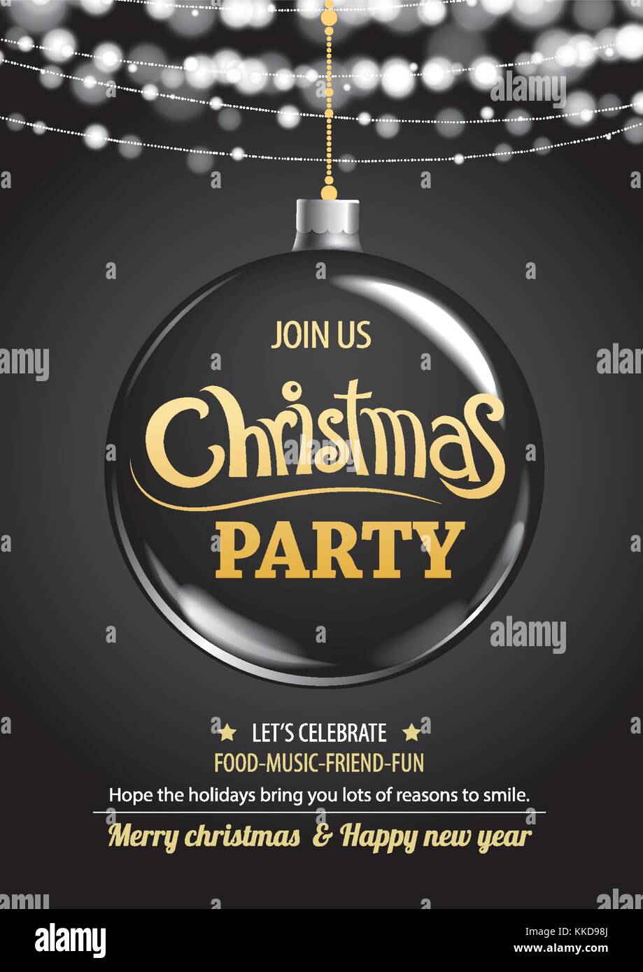 Merry Christmas party a sfera e luce su sfondo scuro invito come tema. happy holiday saluto banner e il design della scheda Modello. Illustrazione Vettoriale
