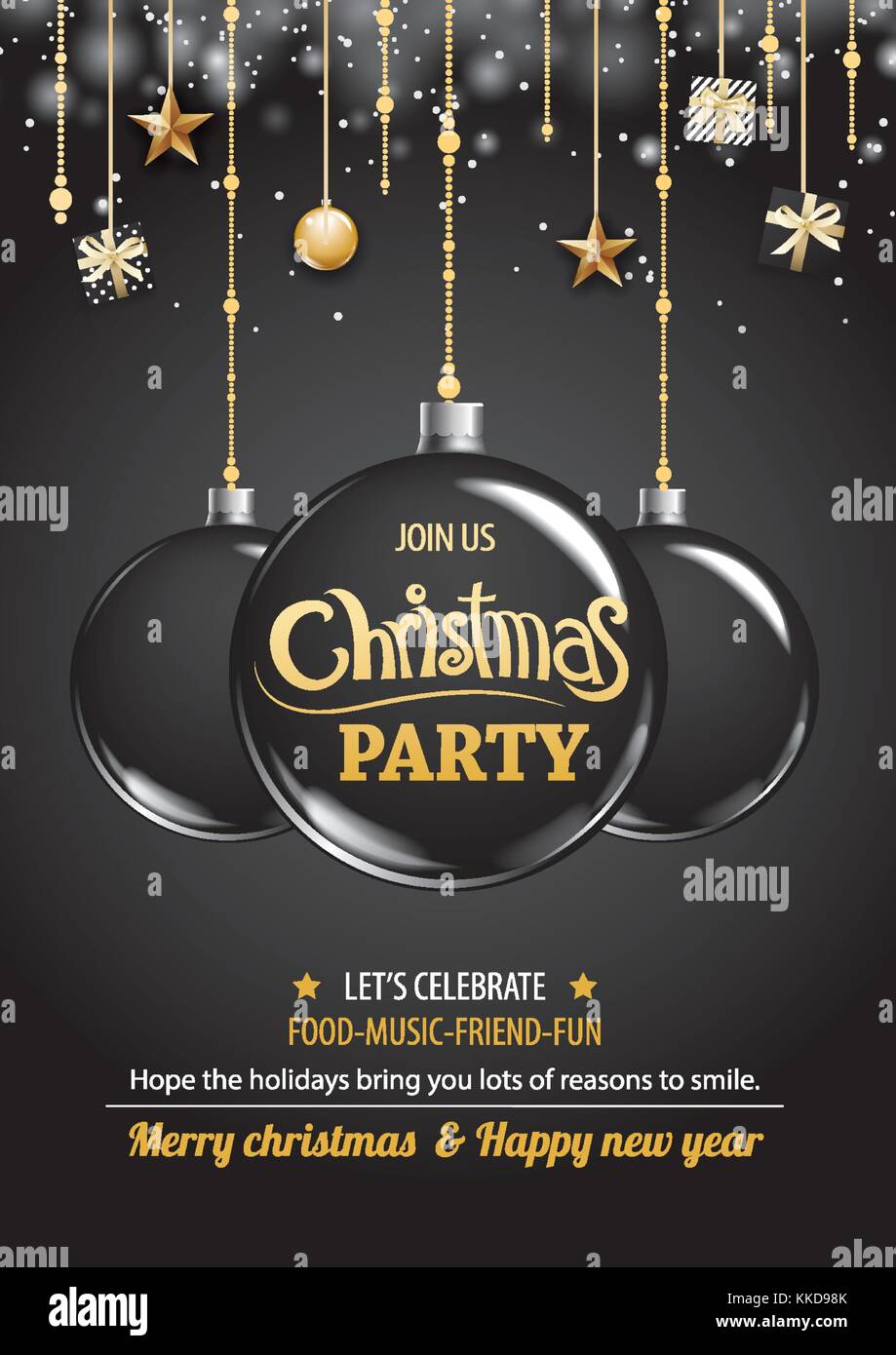 Merry Christmas party e la sfera su sfondo scuro invito come tema. happy holiday saluto banner e il design della scheda Modello. Illustrazione Vettoriale