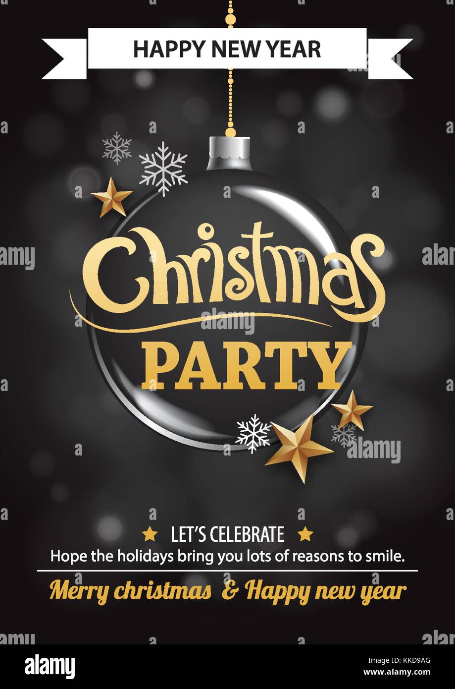 Merry Christmas party e la sfera su sfondo scuro invito come tema. happy holiday saluto banner e il design della scheda Modello. Illustrazione Vettoriale