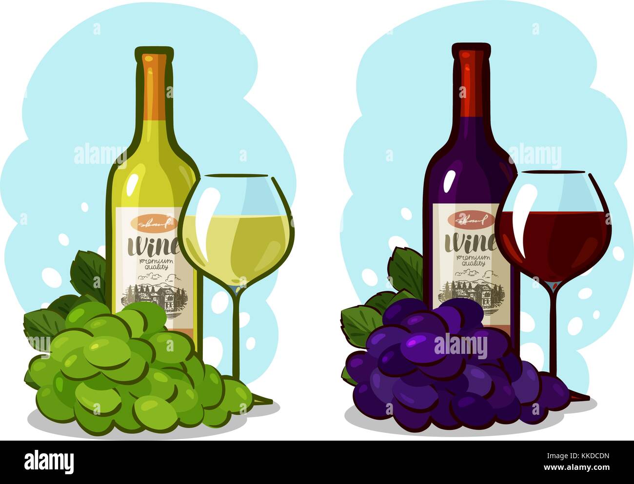 Bottiglia di vino rosso o bianco, bicchiere e uva. Concetto di azienda vinicola. Illustrazione vettoriale dei cartoni animati Illustrazione Vettoriale