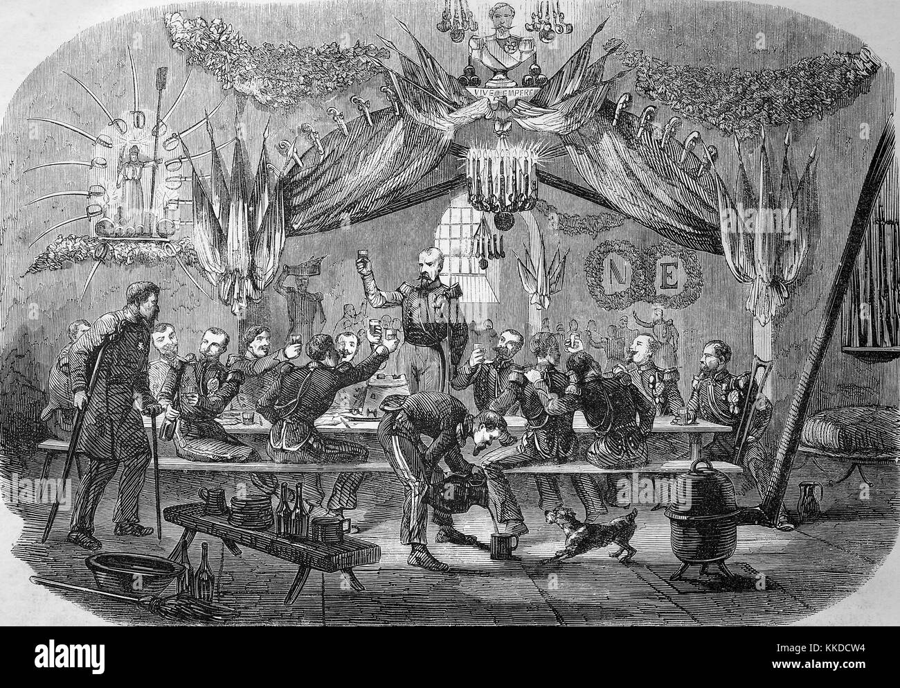 Foto del tempo di 1855 uomini celebrare la festa di Santa Barbara a Vincennes, Francia, digitale migliorata la riproduzione di un originale xilografia Foto Stock
