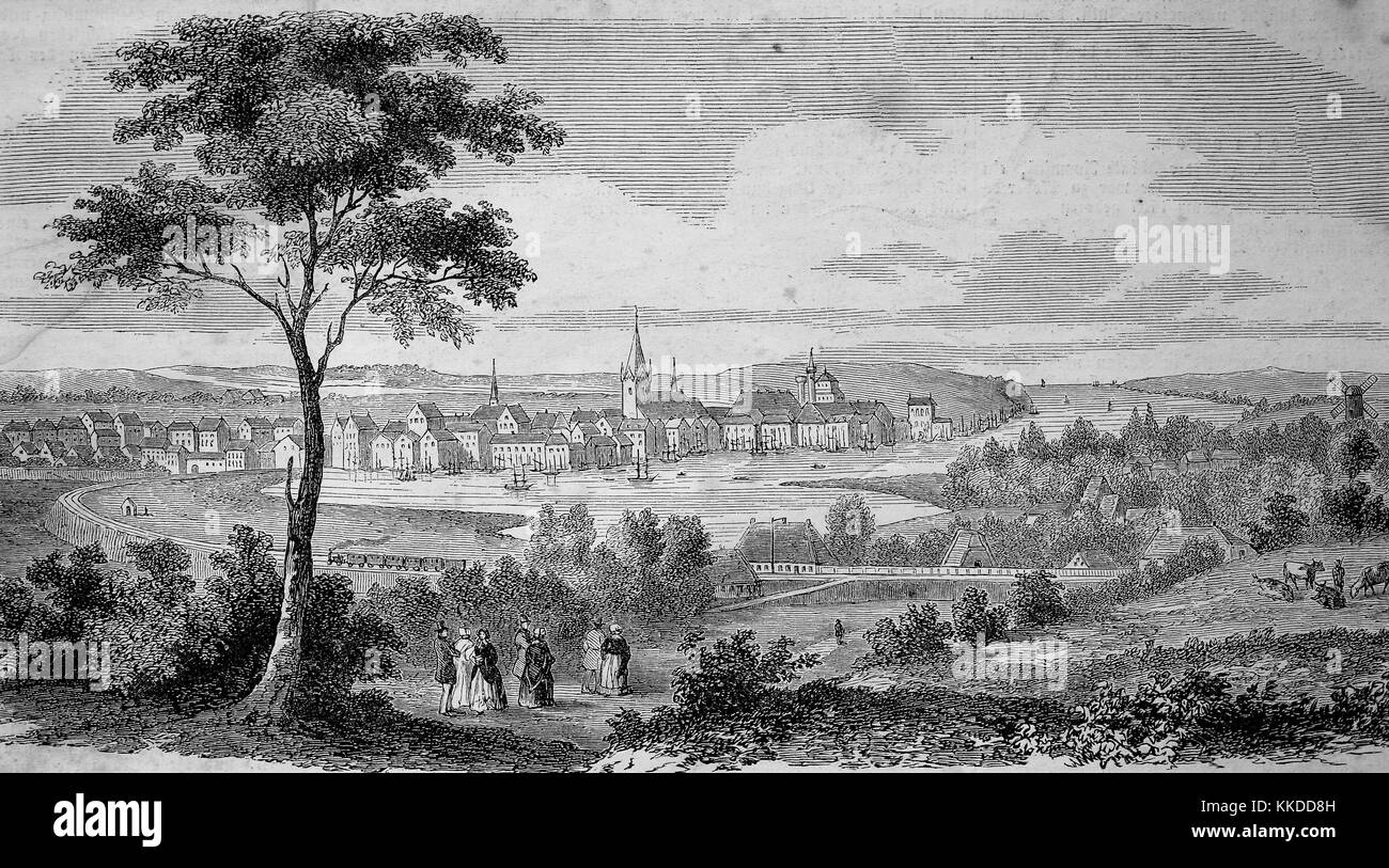 La vista della città di Kiel, Germania, immagini del tempo di 1855, digitale migliorata la riproduzione di un originale xilografia Foto Stock