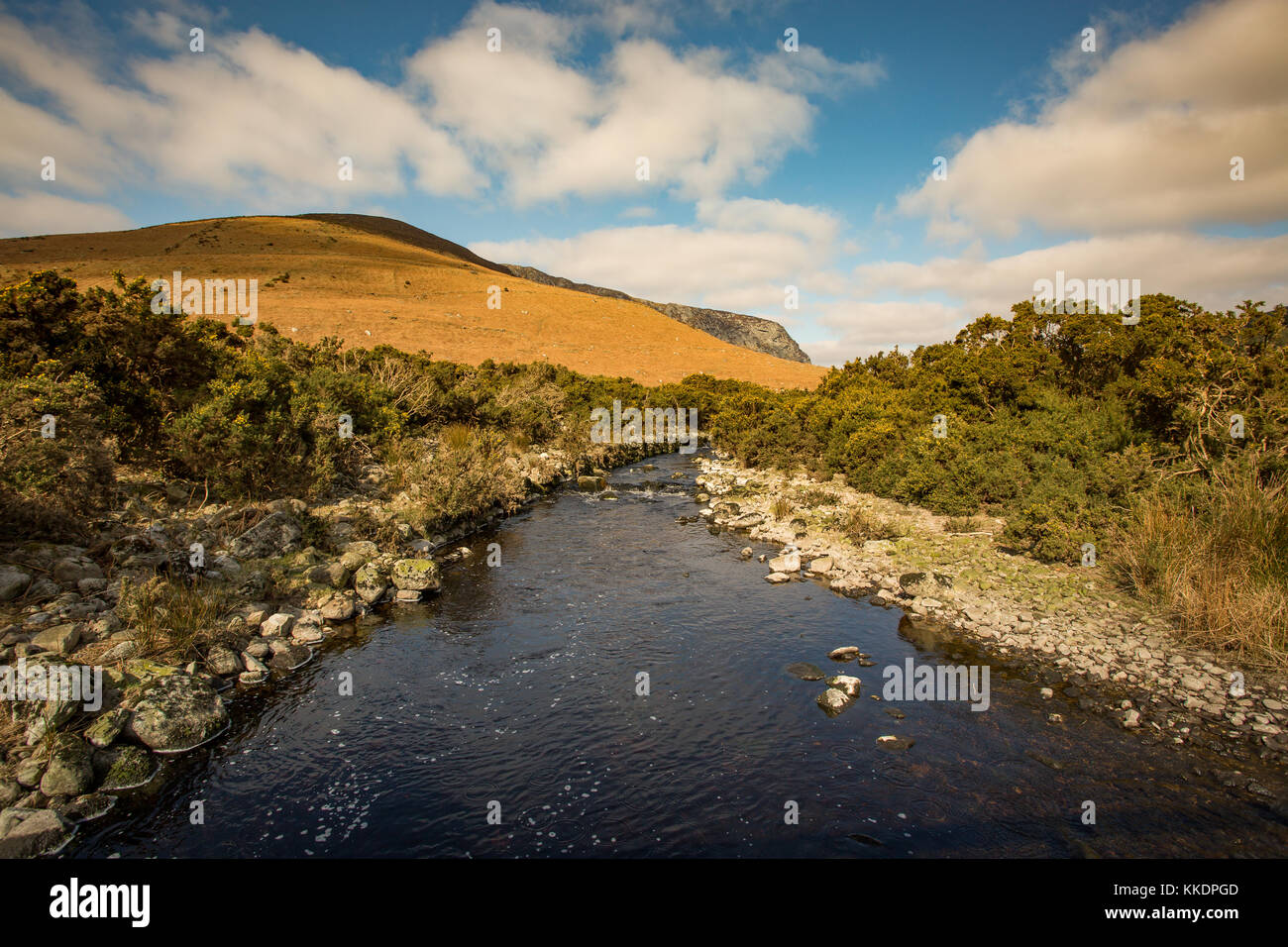 Panorama sulla valle sottostante luggala montagna da lough dan a piedi nelle montagne di Wicklow, Irlanda Foto Stock
