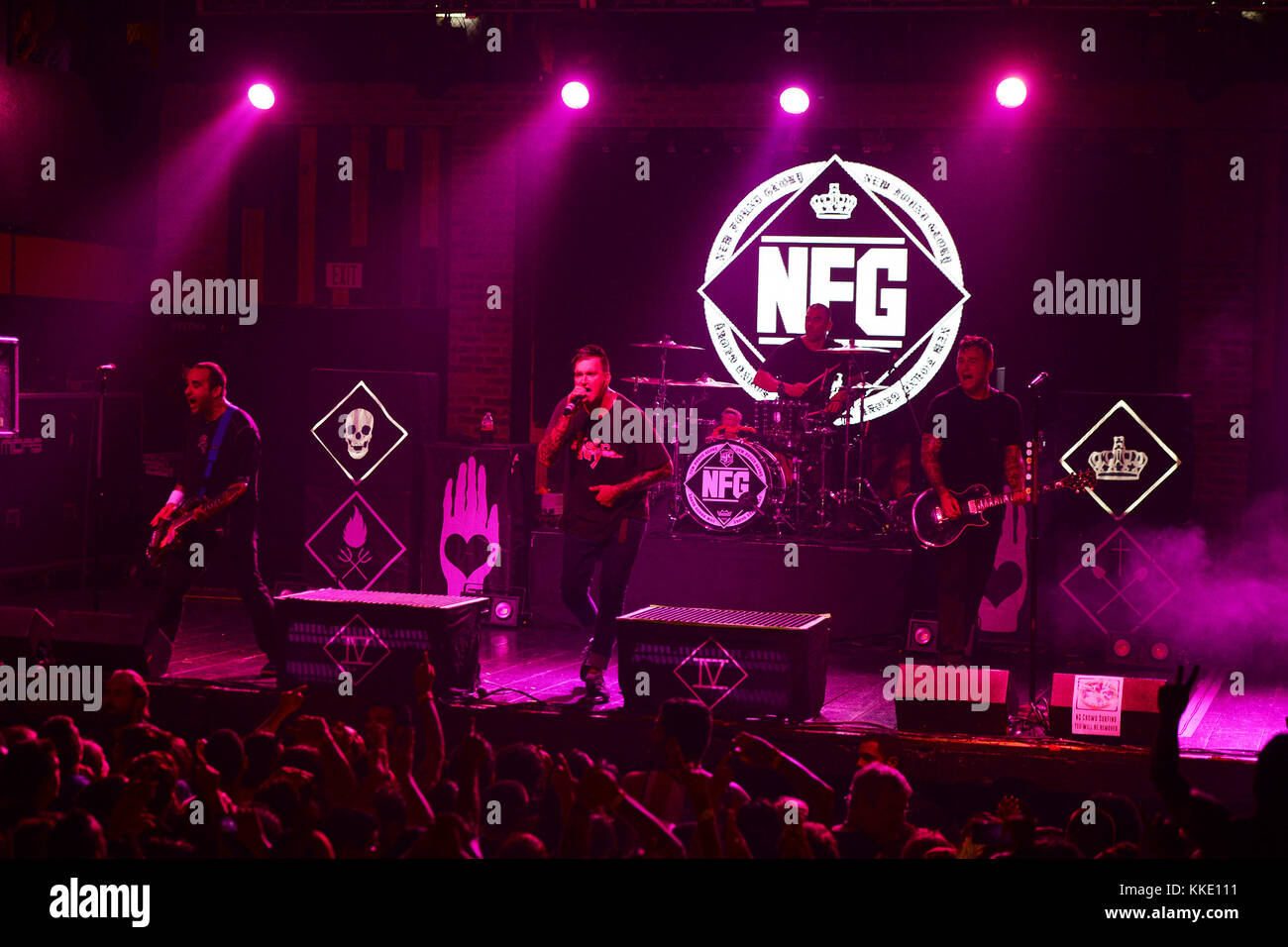 FORT LAUDERDALE FL - 14 OTTOBRE: Ian Grushka, Jordan Pundik, Cyrus Bolooki, Chad Gilbert dei New Found Glory si esibisce al Revolution il 14 ottobre 2015 a Fort Lauderdale, Florida persone: Ian Grushka, Jordan Pundik, Cyrus Bolooki, Chad Gilbert Foto Stock