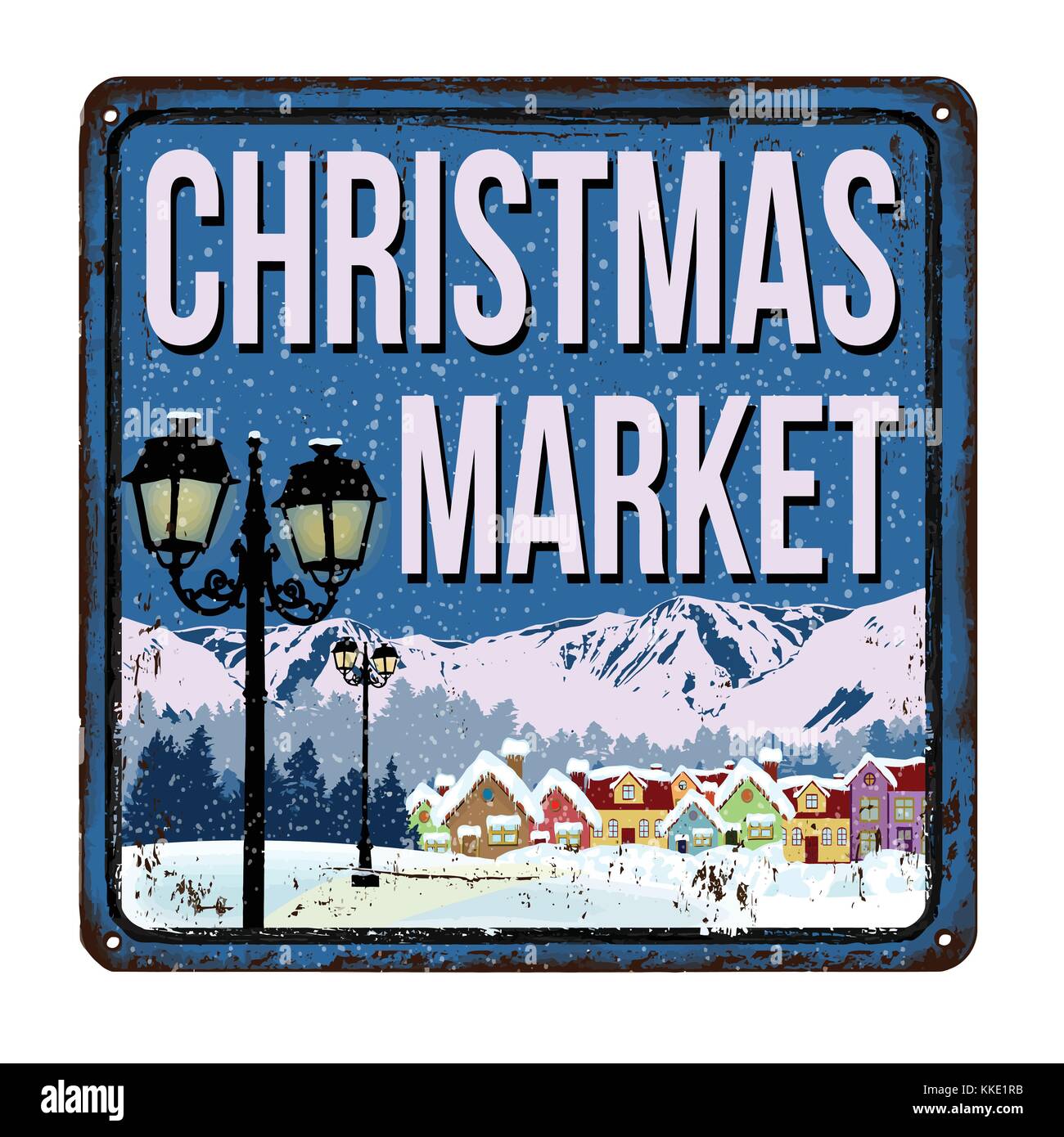 Mercato di Natale vintage metallo arrugginito segno su uno sfondo bianco, illustrazione vettoriale Illustrazione Vettoriale
