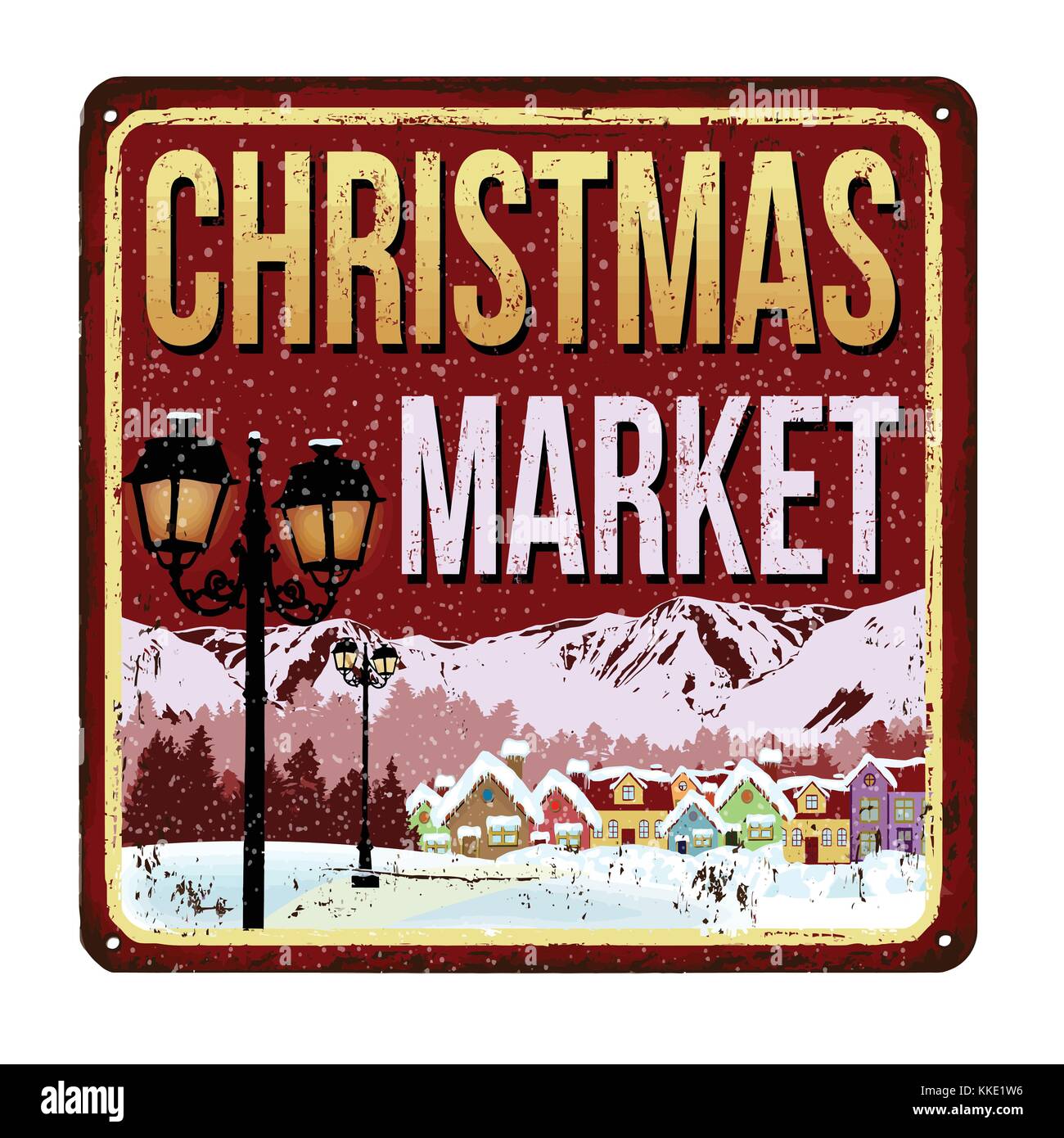Benvenuti al mercatino di natale vintage metallo arrugginito segno su uno sfondo bianco, illustrazione vettoriale Illustrazione Vettoriale