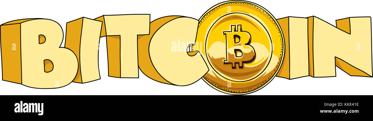 Chunky cartoon testo della parola bitcoin che include una moneta bitcoin con il simbolo bitcoin. Foto Stock
