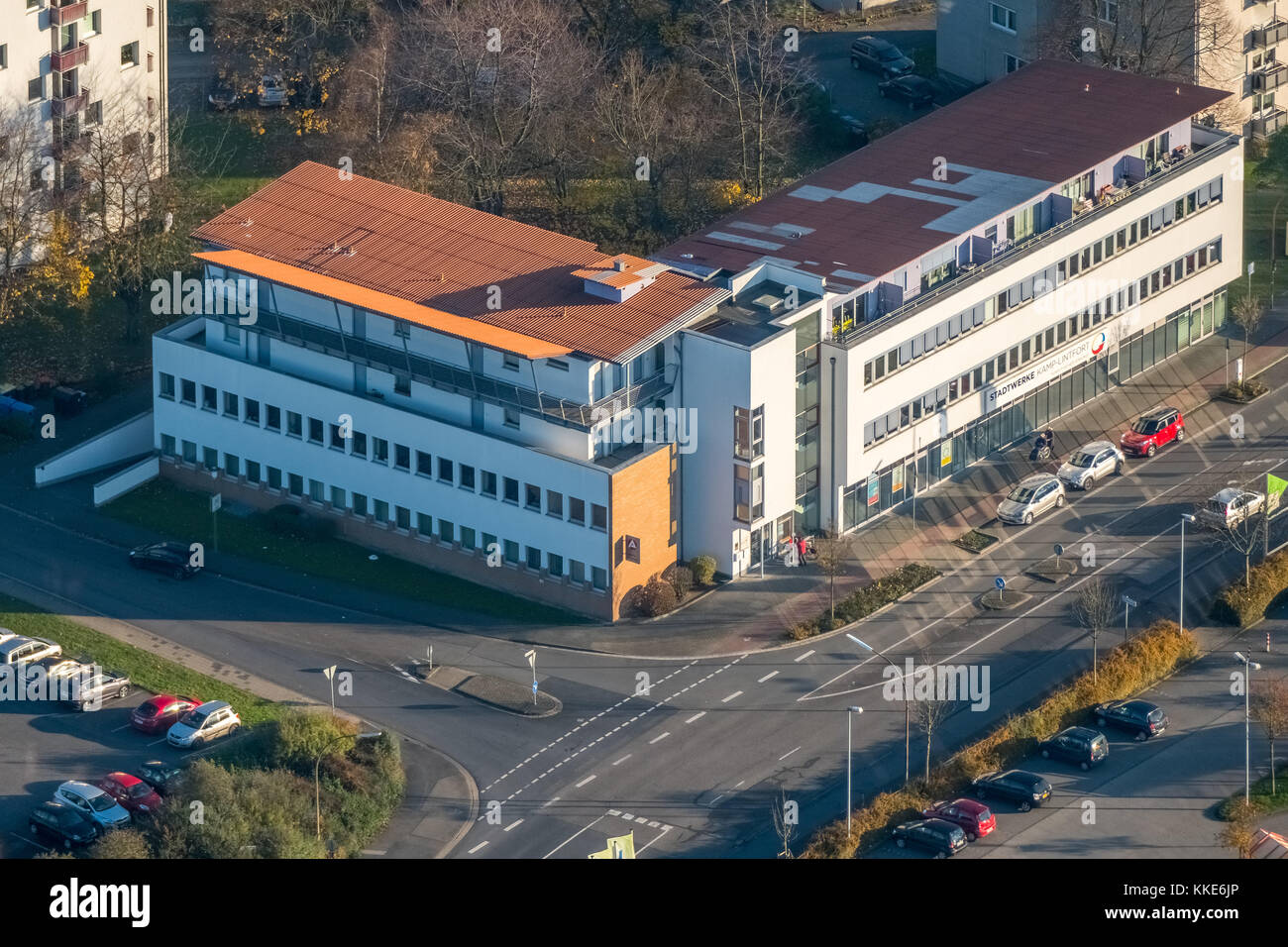 Stadtwerke Kamp-Lintfort, società di fornitura di energia elettrica, City Heat Kamp-Lintfort, Agenzia federale dell'occupazione Wilhelmstrasse, Stadtwerke House, Kamp-Lintfort, Foto Stock