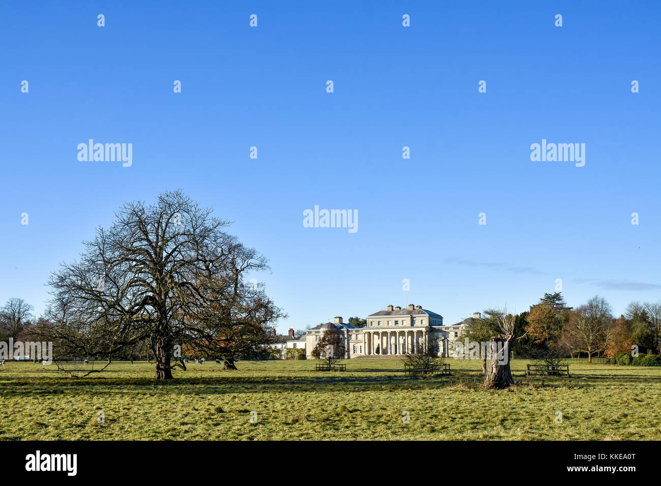 Ampia vista attraverso i prati anteriori di Shugborough Hall, Staffordshire che è la casa ancestrale del conte di Lichfield Foto Stock