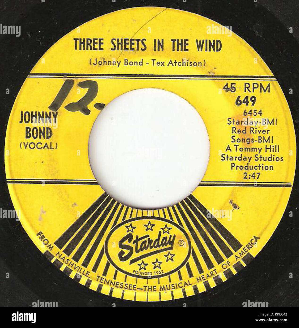 Un disco dell'etichetta Starday, numero di catalogo 649, intitolato *Three Sheets in the Wind*, probabilmente una pubblicazione musicale della metà del XX secolo. Foto Stock