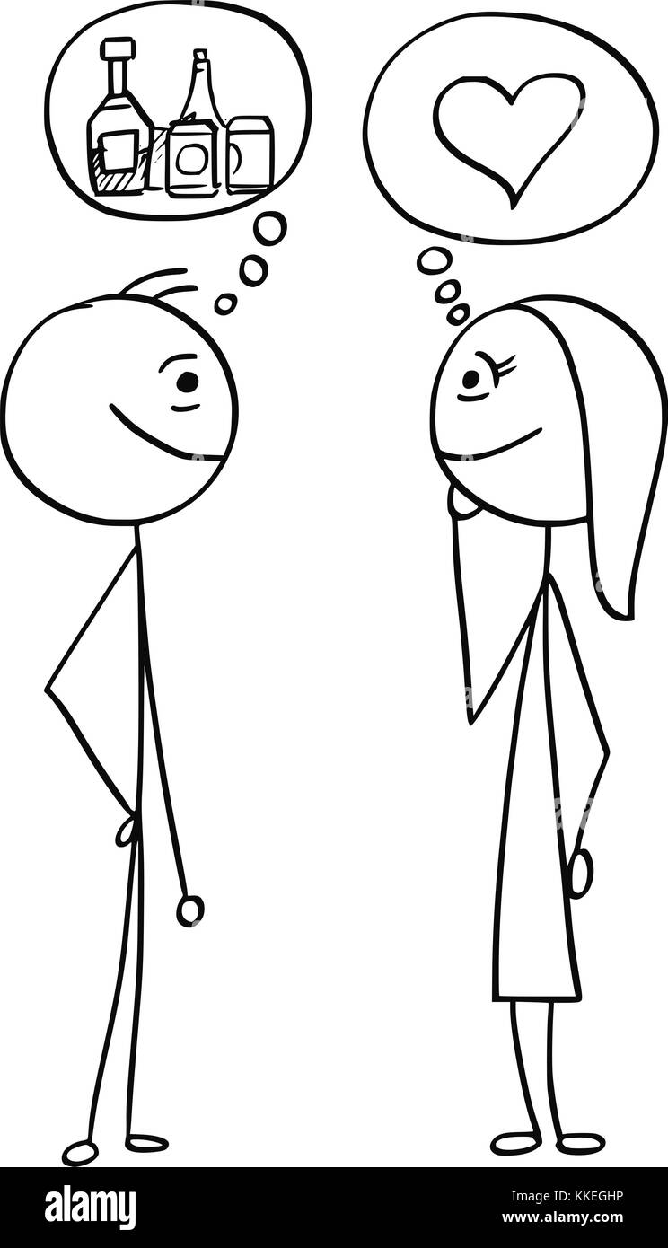 Cartoon stick uomo disegno illustrazione della differenza tra uomo e donna parlando di alcool bere e amore cuore simbolo. Illustrazione Vettoriale