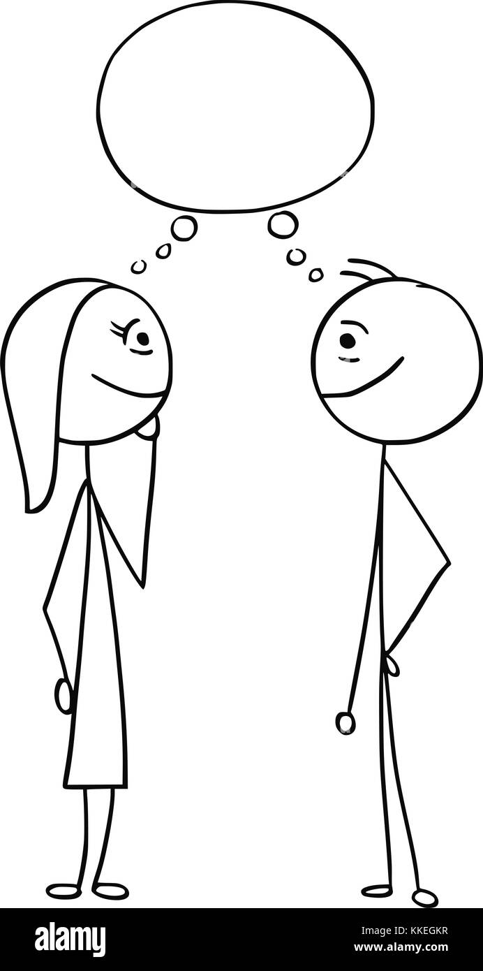Cartoon stick uomo disegno illustrativo di sorridere l uomo e la donna che parla con vuoto vuoto del testo del discorso bolla palloncino. Illustrazione Vettoriale