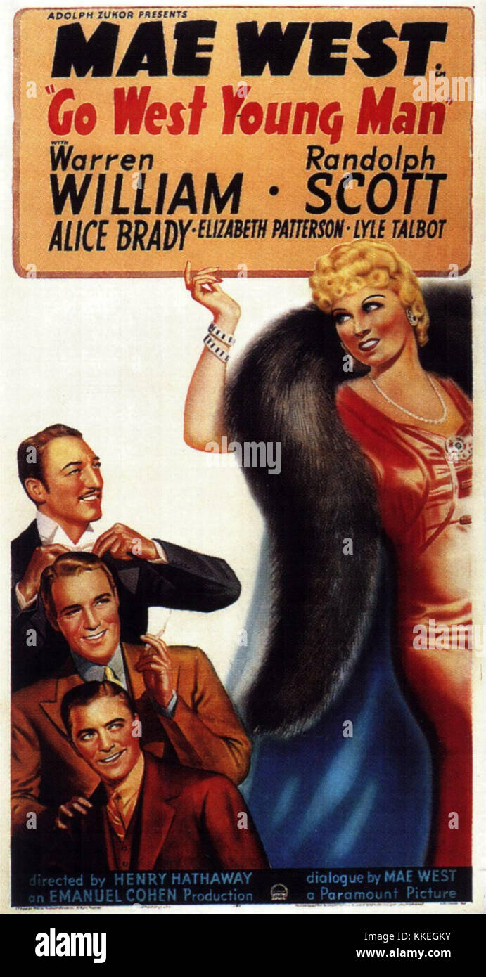 Il film del 1936 "Go West Young Man" è una commedia classica che ritrae un viaggio nel West americano, pieno di umorismo e temi avventurosi dell'epoca. Foto Stock