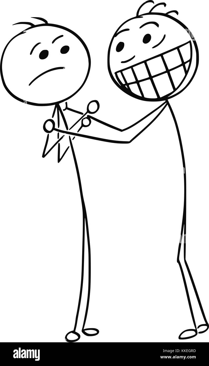 Cartoon stick uomo disegno illustrativo dell uomo con un ampio sorriso grin abbracciando o dando sorpreso uomo infelice abbraccio. Illustrazione Vettoriale