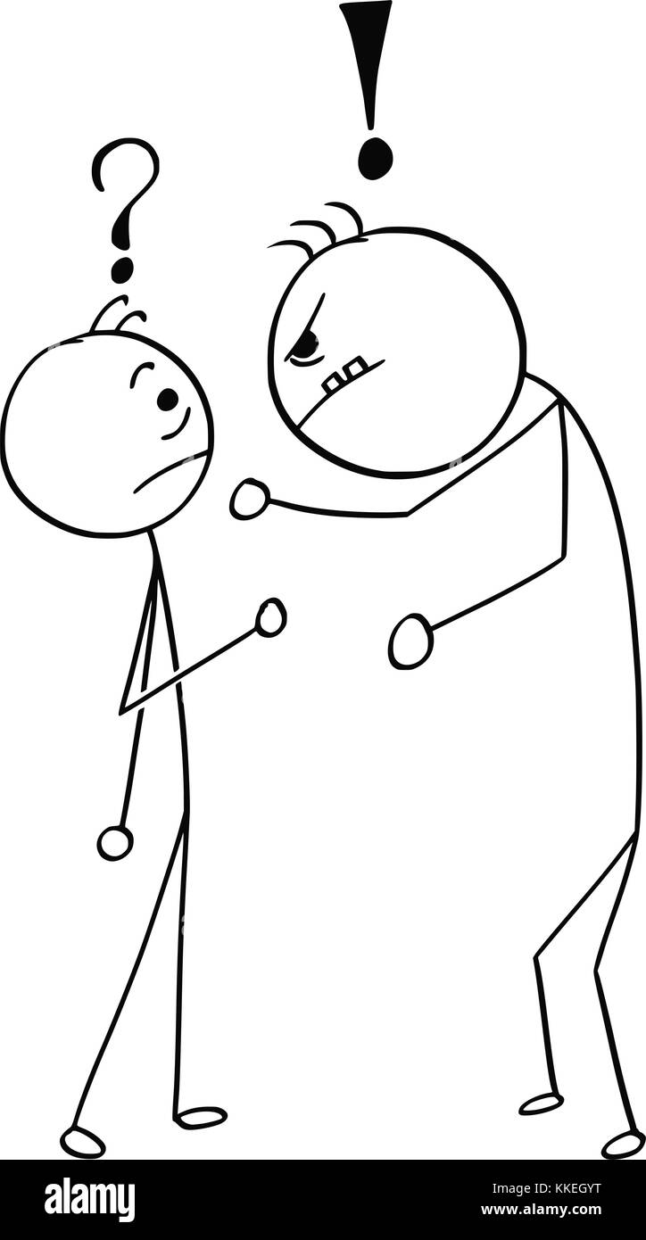 Cartoon stick uomo disegno illustrativo dell'uomo sostenendo minacciato da big guy pericolose, domanda e punti esclamativi sopra. Illustrazione Vettoriale
