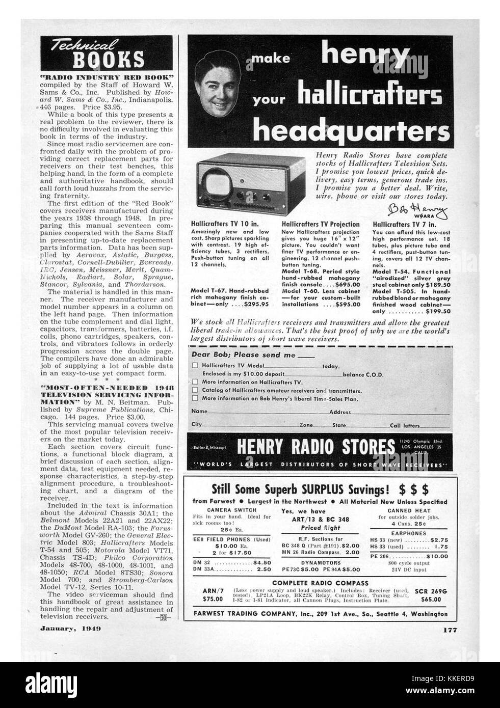 Il numero di gennaio 1949 di radio TV News presentava vari aggiornamenti sull'emergente industria televisiva e radiofonica. La pagina mette in evidenza gli sviluppi nel campo della radiodiffusione e della tecnologia mediatica nel dopoguerra. Foto Stock