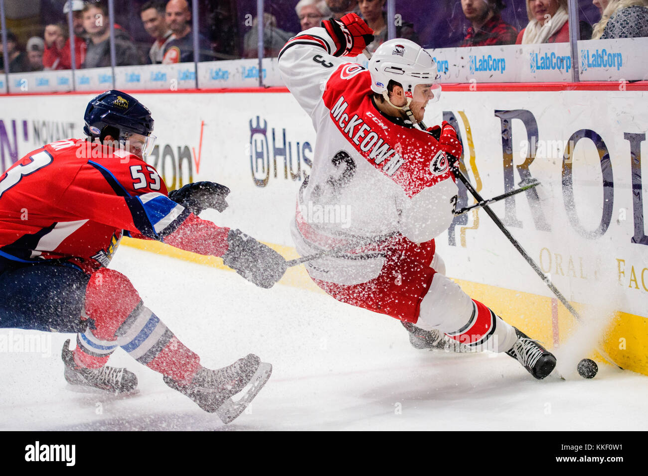 Charlotte D McKeown (3) durante la AHL hockey gioco tra lo Springfield Thunderbirds e il Charlotte Checkers venerdì 1 dicembre 2017 a Bojangles Coliseum di Charlotte, NC. Giacobbe Kupferman/CSM Foto Stock