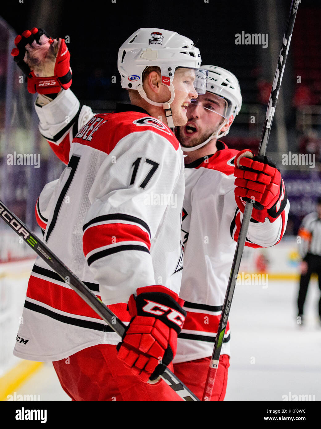 Charlotte F Foegele (17) durante l'AHL hockey gioco tra lo Springfield Thunderbirds e il Charlotte Checkers venerdì 1 dicembre 2017 a Bojangles Coliseum di Charlotte, NC. Giacobbe Kupferman/CSM Foto Stock