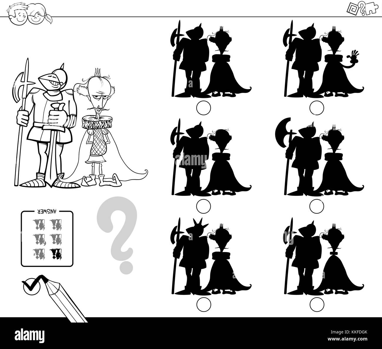 Bianco e nero cartoon illustrazione di trovare l'ombra senza differenze di attività educative per i bambini con il re e il cavaliere charact medievale Illustrazione Vettoriale