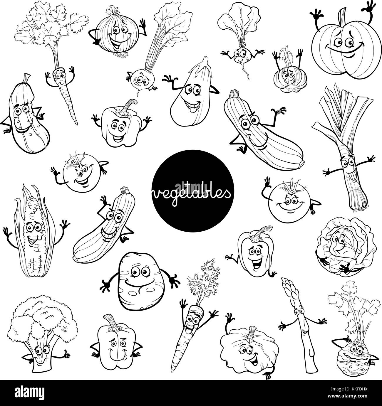 Bianco e nero cartoon illustrazione di verdure Cibi comico caratteri grandi set color prenota Illustrazione Vettoriale