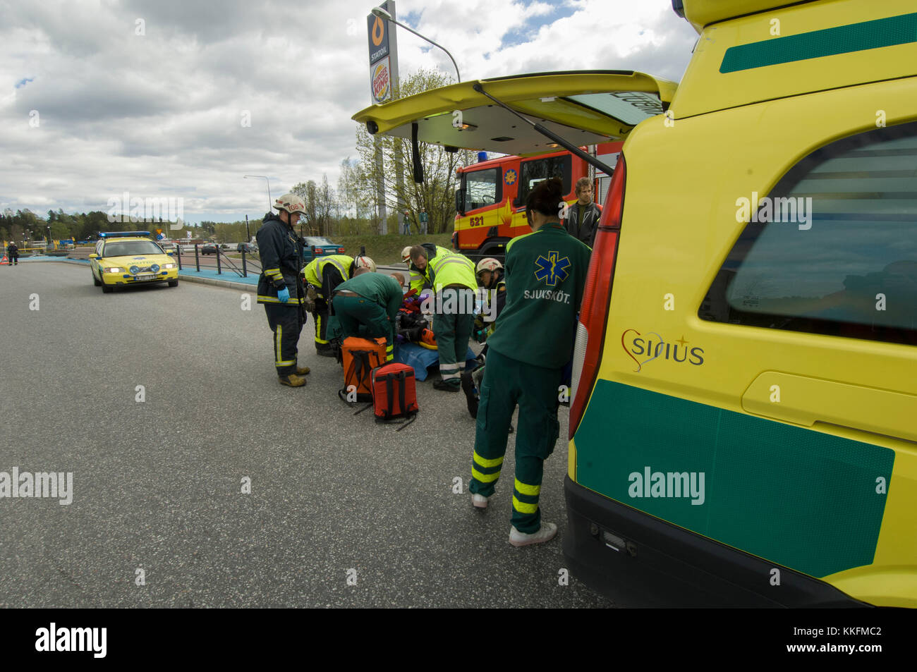 Motorcykelolycka, Upplands Väsby, Sverige. Foto Stock