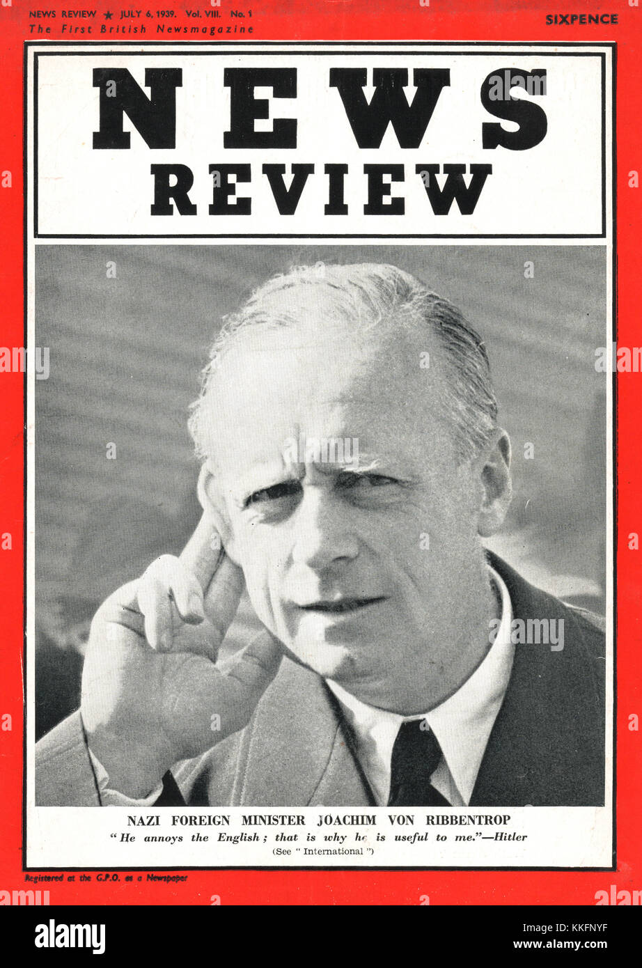 1939 News Review Magazine Il Ministro degli esteri tedesco Joachim von Ribbentrop Foto Stock