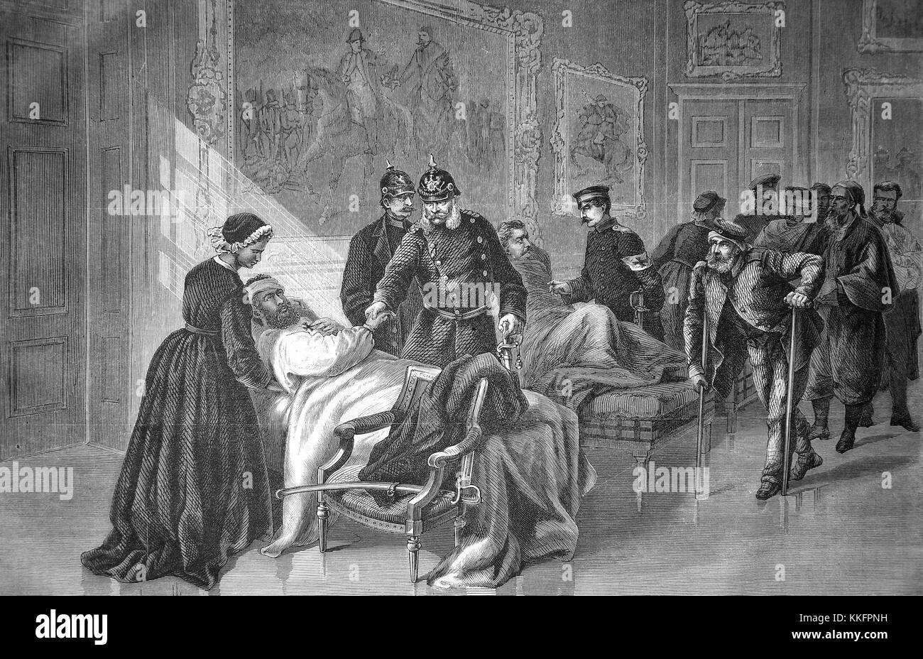 Re Guglielmo visite il ferito in ospedale militare del Palazzo di Versailles, Francia, guerra franco-tedesca 1870/71, guerra franco-prussiana o guerra franco-tedesca, la guerra di 1870, un conflitto tra il secondo impero francese di Napoleone III e gli stati tedeschi del Nord tedesco Confederazione guidata dal Regno di Prussia, digitale migliorata la riproduzione di un originale xilografia Foto Stock